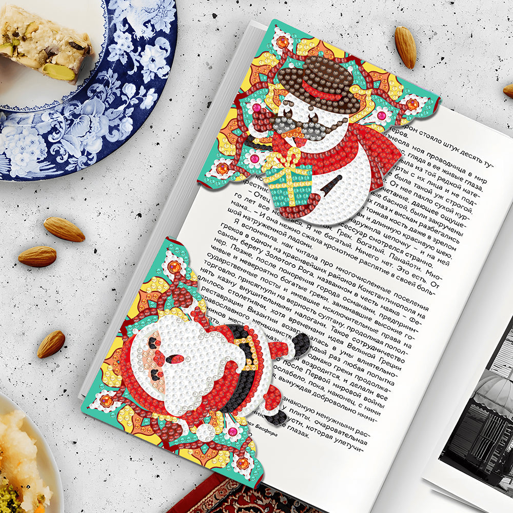 4Pcs de Marque-Pages Avec Coins Protecteurs en PU Joie de Noël Broderie Diamant