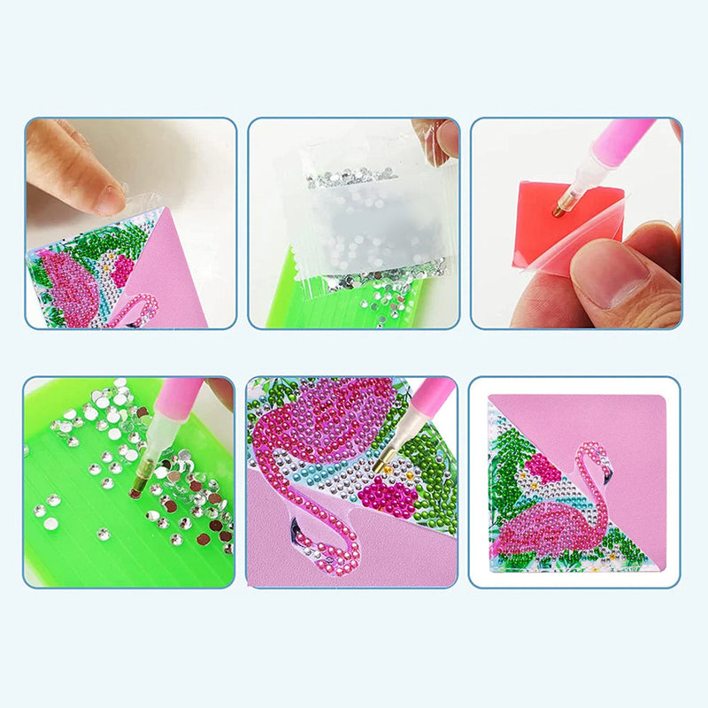 6Pcs de Marque-Pages Avec Coins Protecteurs en PU Flamingo Rose Broderie Diamant