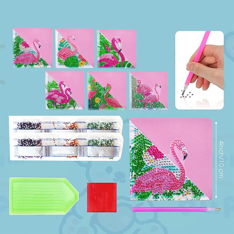 6Pcs de Marque-Pages Avec Coins Protecteurs en PU Flamingo Rose Broderie Diamant