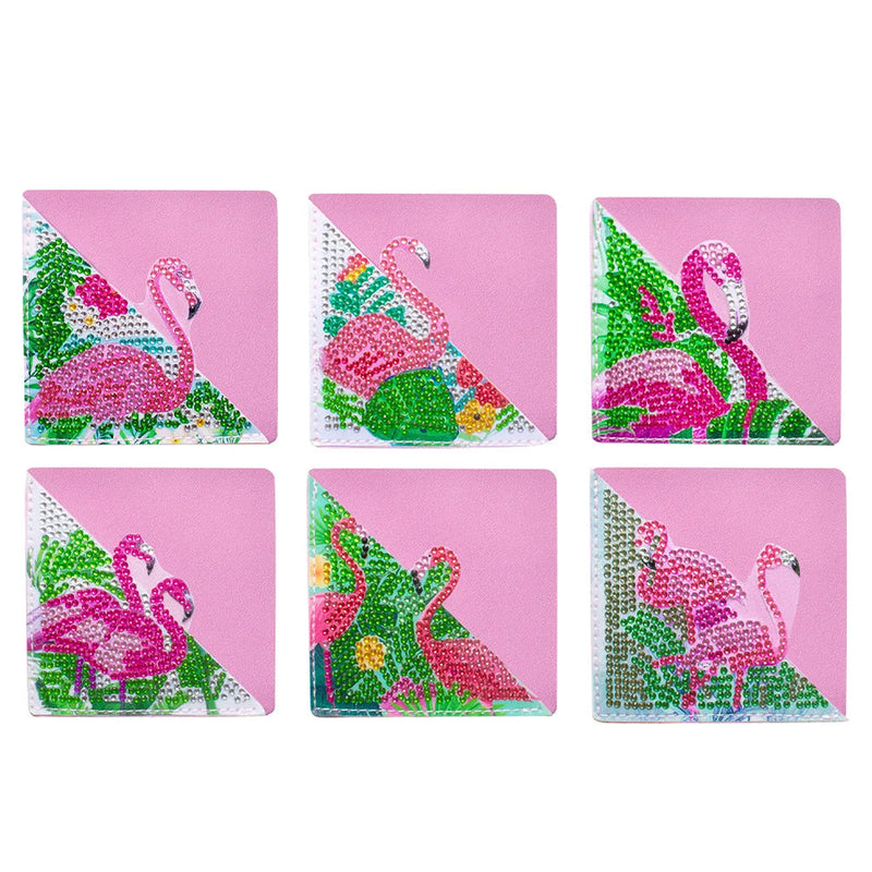 6Pcs de Marque-Pages Avec Coins Protecteurs en PU Flamingo Rose Broderie Diamant