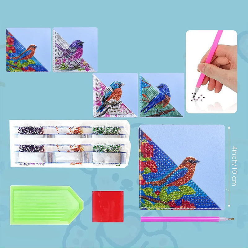 4Pcs de Marque-Pages Avec Coins Protecteurs en PU Oiseaux Charmants Broderie Diamant