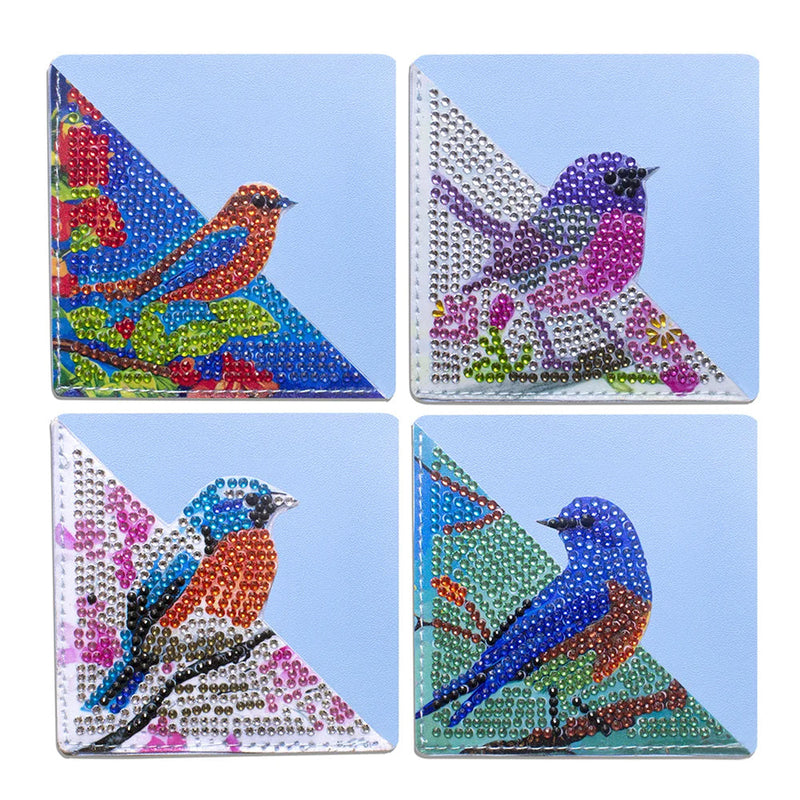 4Pcs de Marque-Pages Avec Coins Protecteurs en PU Oiseaux Charmants Broderie Diamant