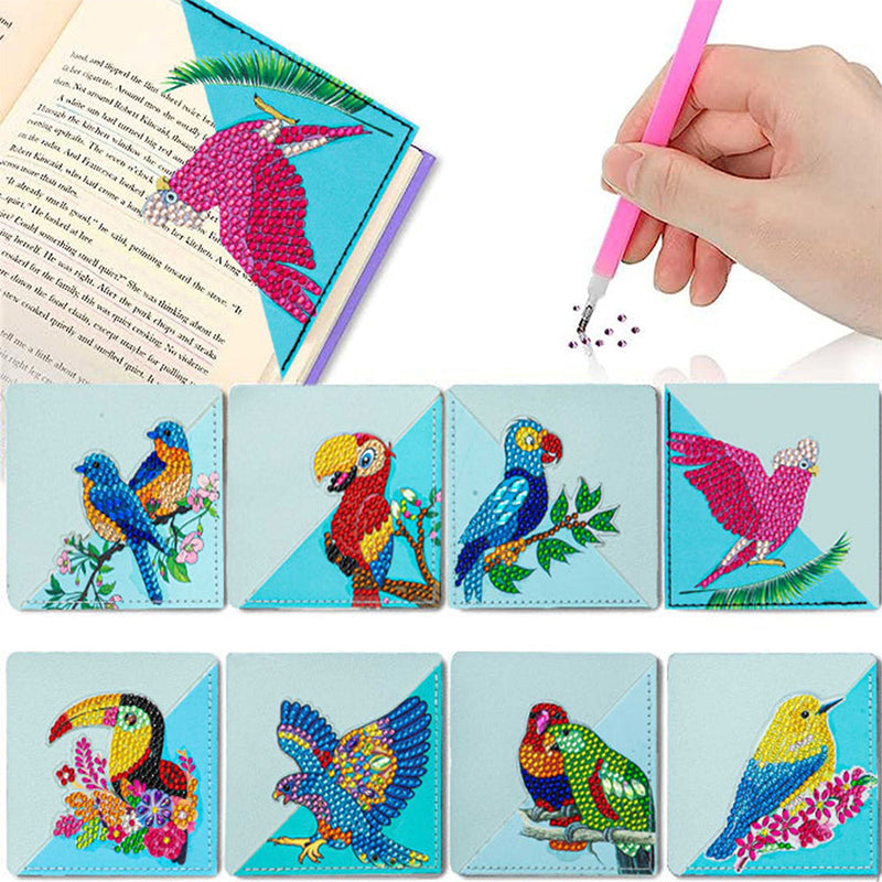 8Pcs de Marque-Pages Avec Coins Protecteurs en PU Perroquet et Oiseau Broderie Diamant