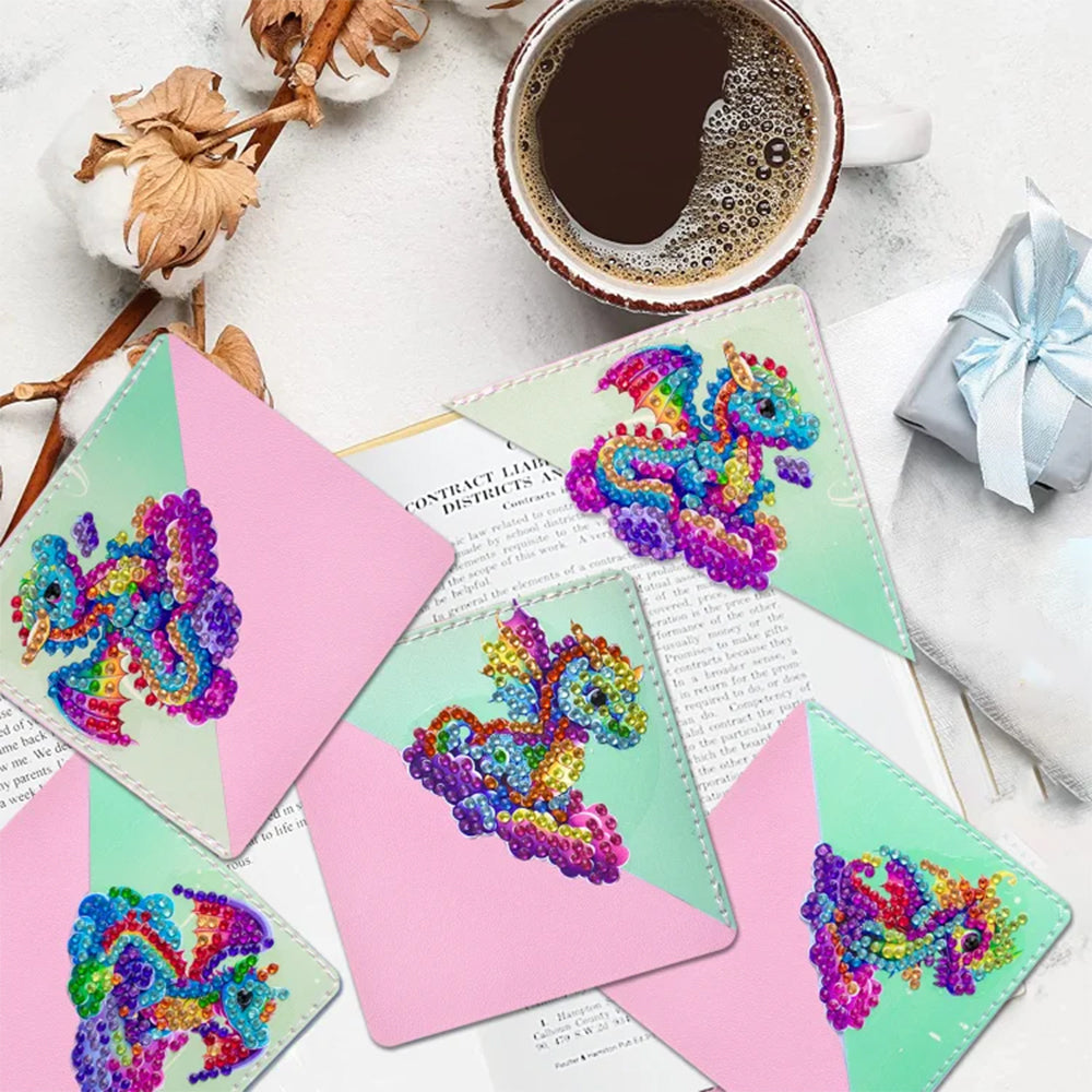4Pcs de Marque-Pages Avec Coins Protecteurs en PU Dragon Coloré Volant Broderie Diamant