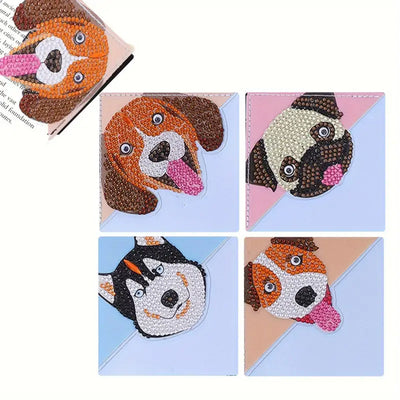 4Pcs de Marque-Pages Avec Coins Protecteurs en PU Chien Mignon Souriant Broderie Diamant