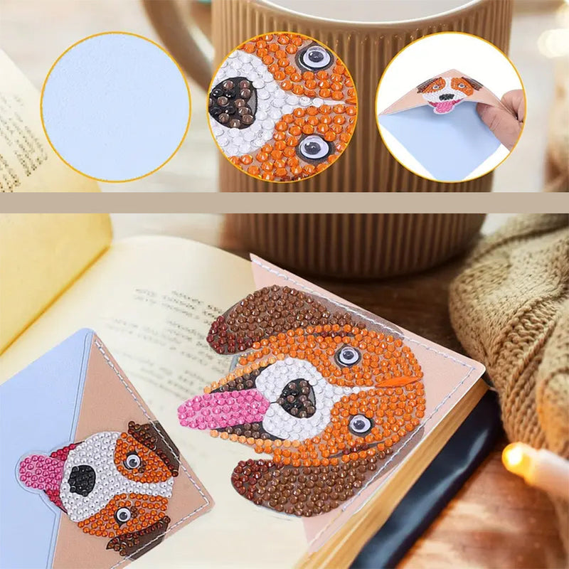 4Pcs de Marque-Pages Avec Coins Protecteurs en PU Chien Mignon Souriant Broderie Diamant