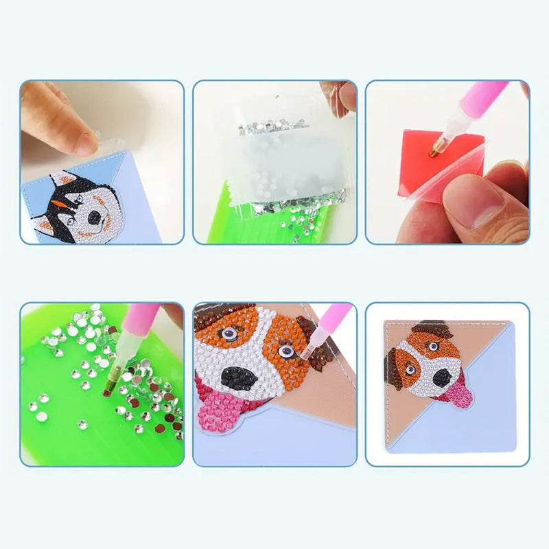 4Pcs de Marque-Pages Avec Coins Protecteurs en PU Chien Mignon Souriant Broderie Diamant