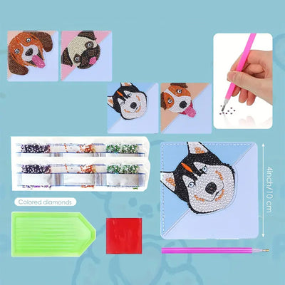 4Pcs de Marque-Pages Avec Coins Protecteurs en PU Chien Mignon Souriant Broderie Diamant