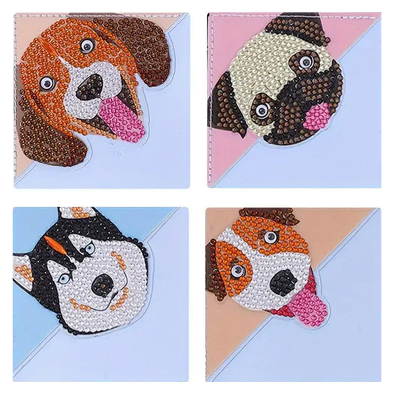 4Pcs de Marque-Pages Avec Coins Protecteurs en PU Chien Mignon Souriant Broderie Diamant