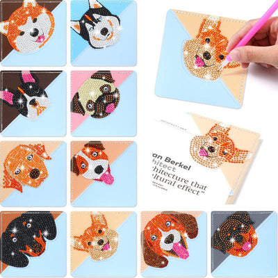 10Pcs de Marque-Pages Avec Coins Protecteurs en PU Chien Mignon Souriant Broderie Diamant