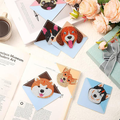 10Pcs de Marque-Pages Avec Coins Protecteurs en PU Chien Mignon Souriant Broderie Diamant