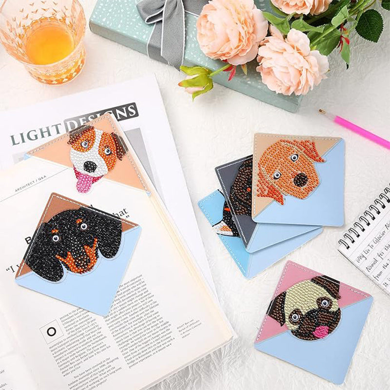 10Pcs de Marque-Pages Avec Coins Protecteurs en PU Chien Mignon Souriant Broderie Diamant