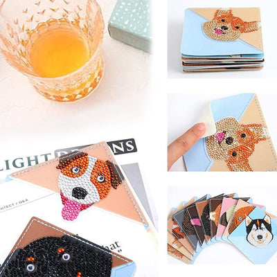 10Pcs de Marque-Pages Avec Coins Protecteurs en PU Chien Mignon Souriant Broderie Diamant