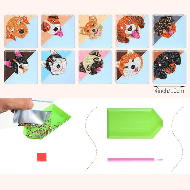 10Pcs de Marque-Pages Avec Coins Protecteurs en PU Chien Mignon Souriant Broderie Diamant