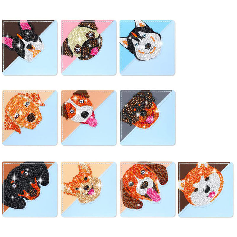 10Pcs de Marque-Pages Avec Coins Protecteurs en PU Chien Mignon Souriant Broderie Diamant