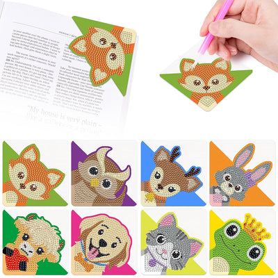 8Pcs de Marque-Pages Avec Coins Protecteurs en PU Joyeux Animaux Broderie Diamant