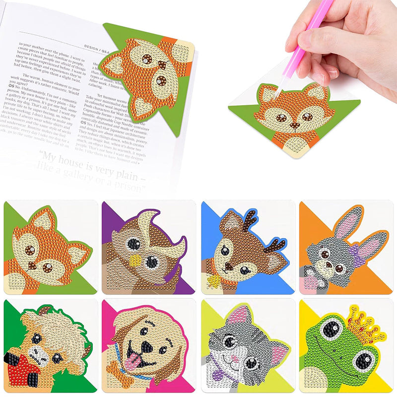 8Pcs de Marque-Pages Avec Coins Protecteurs en PU Joyeux Animaux Broderie Diamant