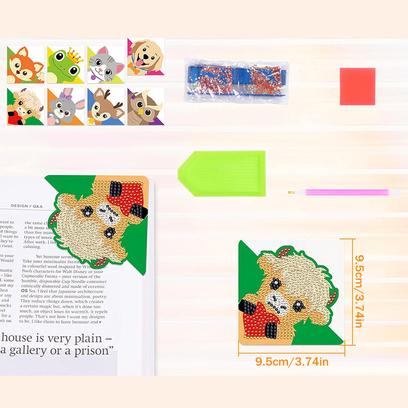 8Pcs de Marque-Pages Avec Coins Protecteurs en PU Joyeux Animaux Broderie Diamant