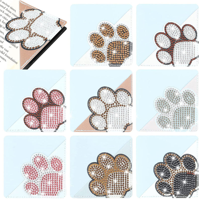 8Pcs de Marque-Pages Avec Coins Protecteurs en PU Animal Patte Mignon Broderie Diamant