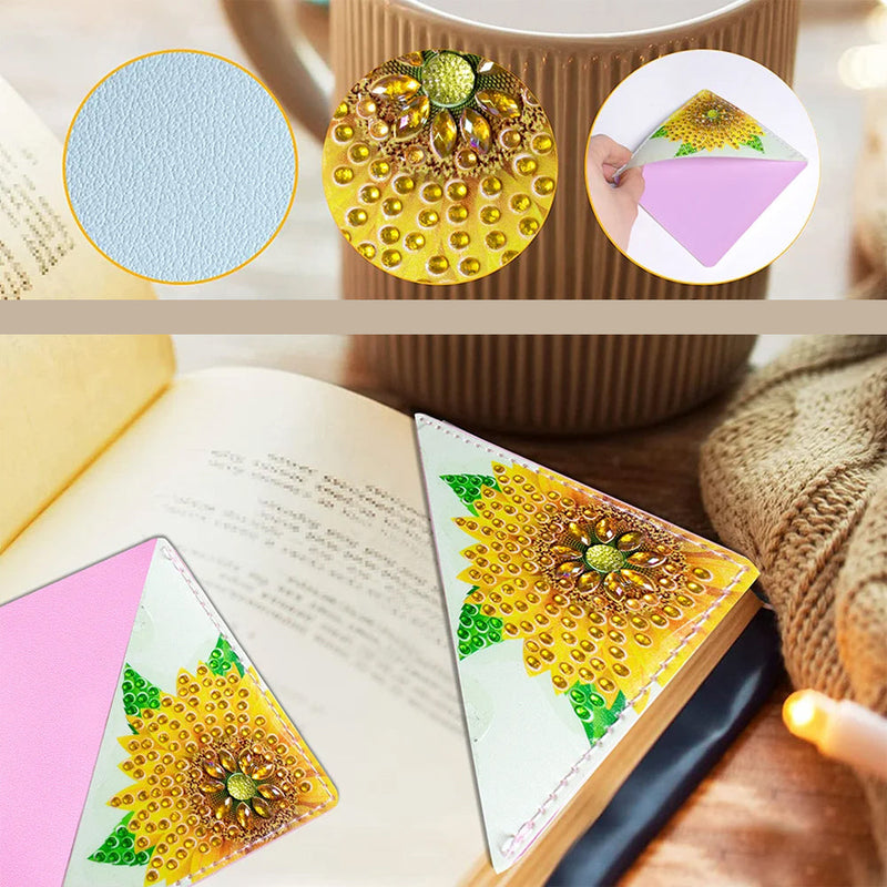 9Pcs de Marque-Pages Avec Coins Protecteurs en PU Papillon et Tournesol Broderie Diamant