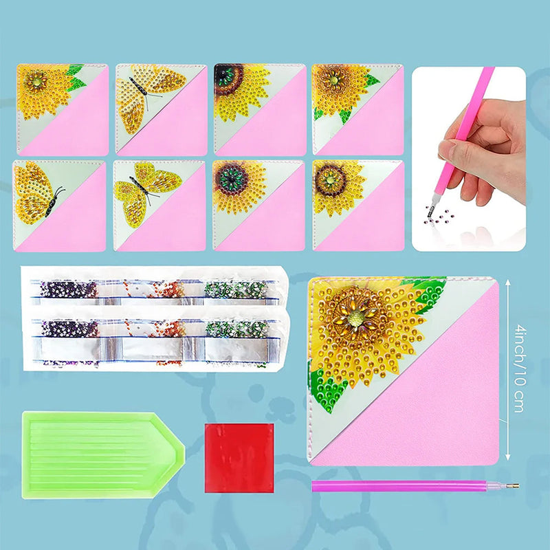 9Pcs de Marque-Pages Avec Coins Protecteurs en PU Papillon et Tournesol Broderie Diamant