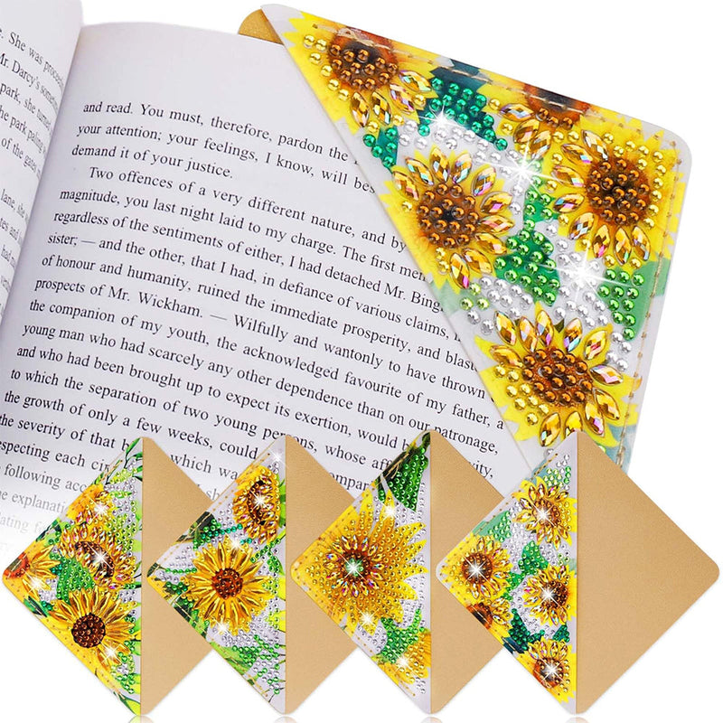 4Pcs de Marque-Pages Avec Coins Protecteurs en PU Tournesols Brillants Broderie Diamant