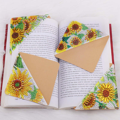 4Pcs de Marque-Pages Avec Coins Protecteurs en PU Tournesols Brillants Broderie Diamant