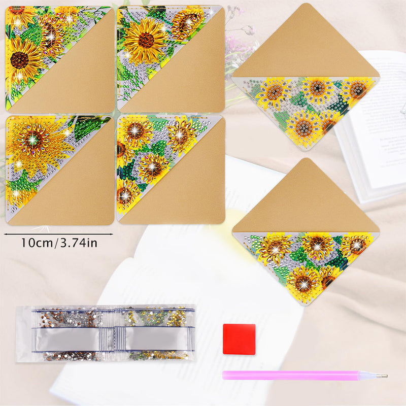 4Pcs de Marque-Pages Avec Coins Protecteurs en PU Tournesols Brillants Broderie Diamant