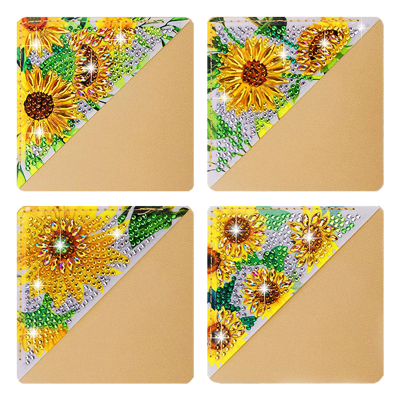 4Pcs de Marque-Pages Avec Coins Protecteurs en PU Tournesols Brillants Broderie Diamant