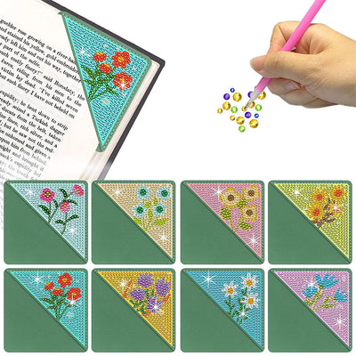 8Pcs de Marque-Pages Avec Coins Protecteurs en PU Petites Fleurs Mignonnes Broderie Diamant