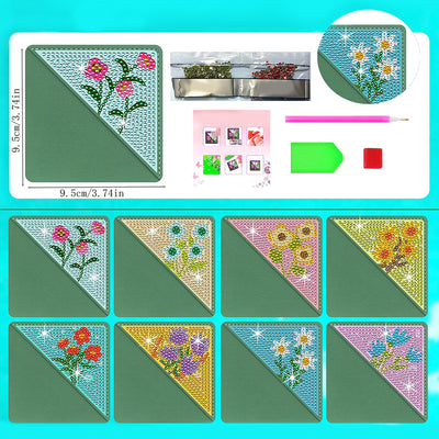 8Pcs de Marque-Pages Avec Coins Protecteurs en PU Petites Fleurs Mignonnes Broderie Diamant