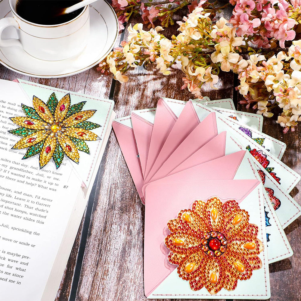 12Pcs de Marque-Pages Avec Coins Protecteurs en PU Chysanthème Divers Broderie Diamant