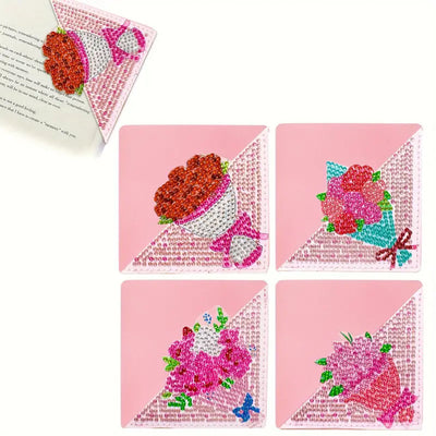 4Pcs de Marque-Pages Avec Coins Protecteurs en PU Beau Bouquet de Fleur Broderie Diamant