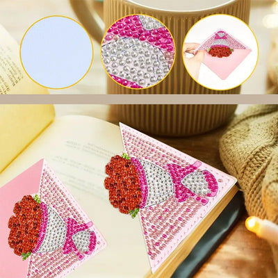 4Pcs de Marque-Pages Avec Coins Protecteurs en PU Beau Bouquet de Fleur Broderie Diamant