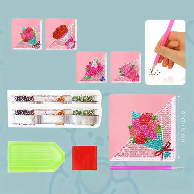 4Pcs de Marque-Pages Avec Coins Protecteurs en PU Beau Bouquet de Fleur Broderie Diamant