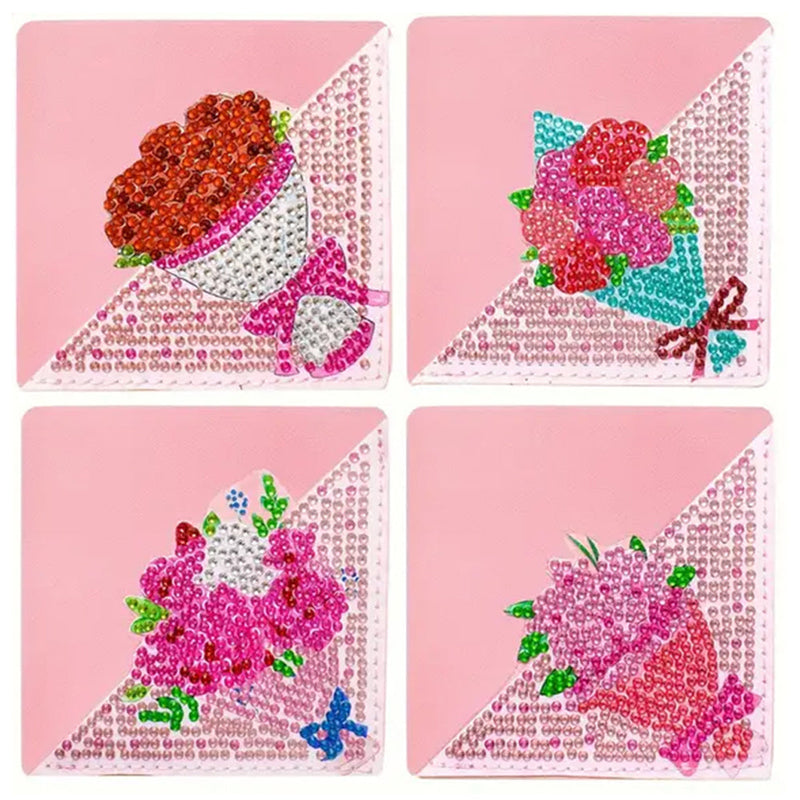 4Pcs de Marque-Pages Avec Coins Protecteurs en PU Beau Bouquet de Fleur Broderie Diamant