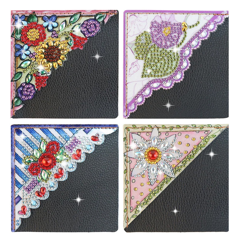 4Pcs de Marque-Pages Avec Coins Protecteurs en PU Fleurs Mignonnes Broderie Diamant