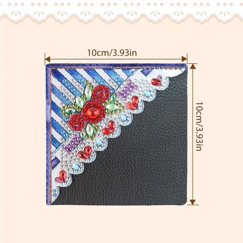 4Pcs de Marque-Pages Avec Coins Protecteurs en PU Fleurs Mignonnes Broderie Diamant