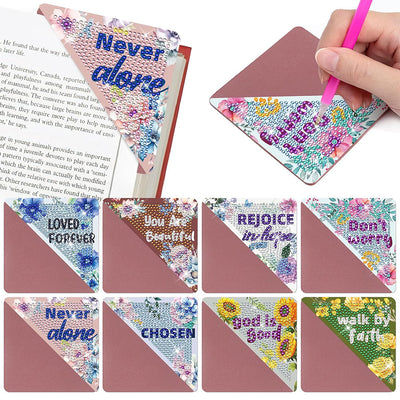 8Pcs de Marque-Pages Avec Coins Protecteurs en PU Texte Inspirant Broderie Diamant