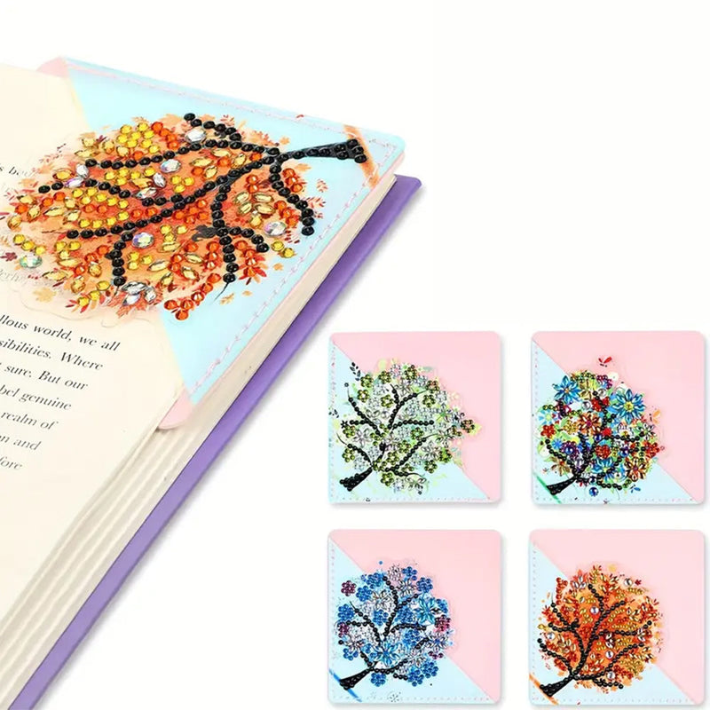 4Pcs de Marque-Pages Avec Coins Protecteurs en PU Arbre des Quatre Saisons Broderie Diamant