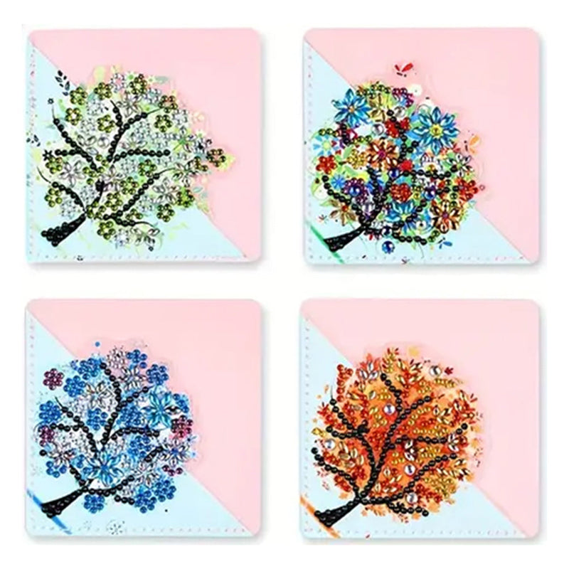 4Pcs de Marque-Pages Avec Coins Protecteurs en PU Arbre des Quatre Saisons Broderie Diamant