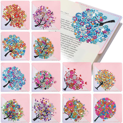 12Pcs de Marque-Pages Avec Coins Protecteurs en PU Arbres des Fleurs Broderie Diamant