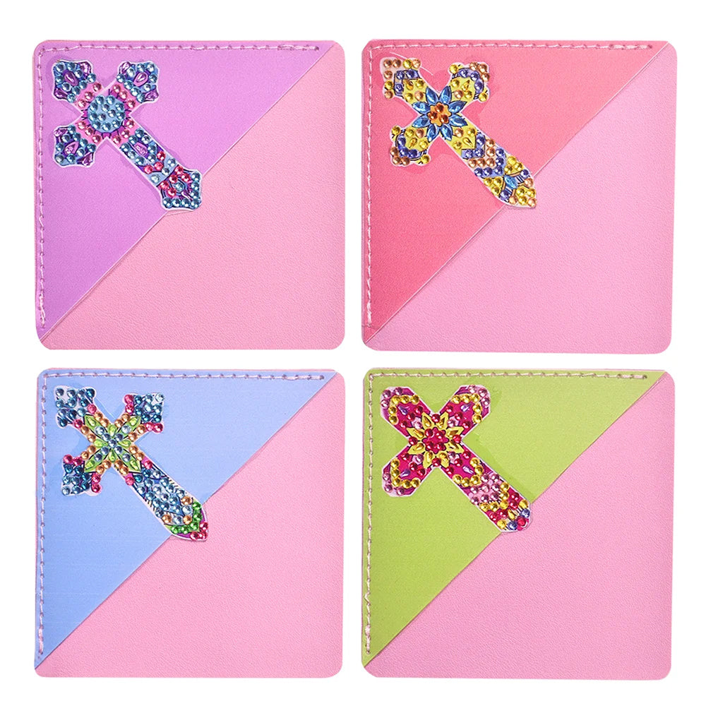 4Pcs de Marque-Pages Avec Coins Protecteurs en PU Croix Colorée Broderie Diamant