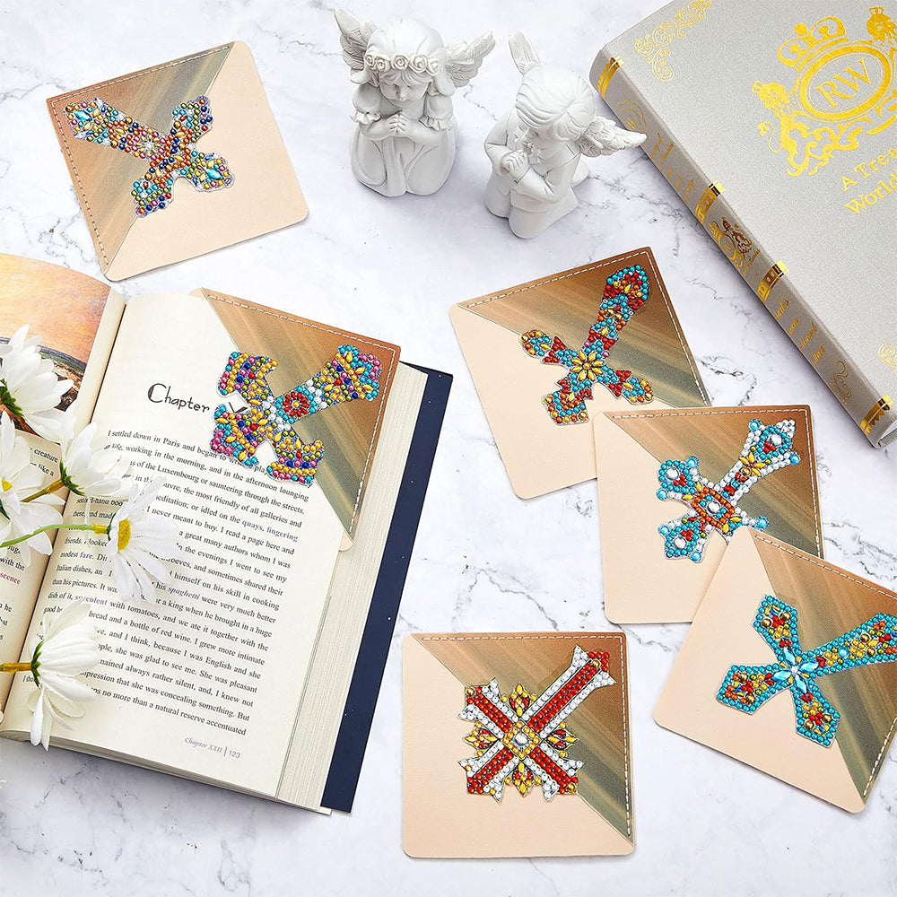 6Pcs de Marque-Pages Avec Coins Protecteurs en PU Croix Ornée Broderie Diamant