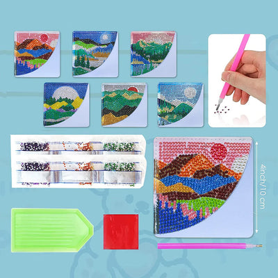 6Pcs de Marque-Pages Avec Coins Protecteurs en PU Paysage d'Été Broderie Diamant