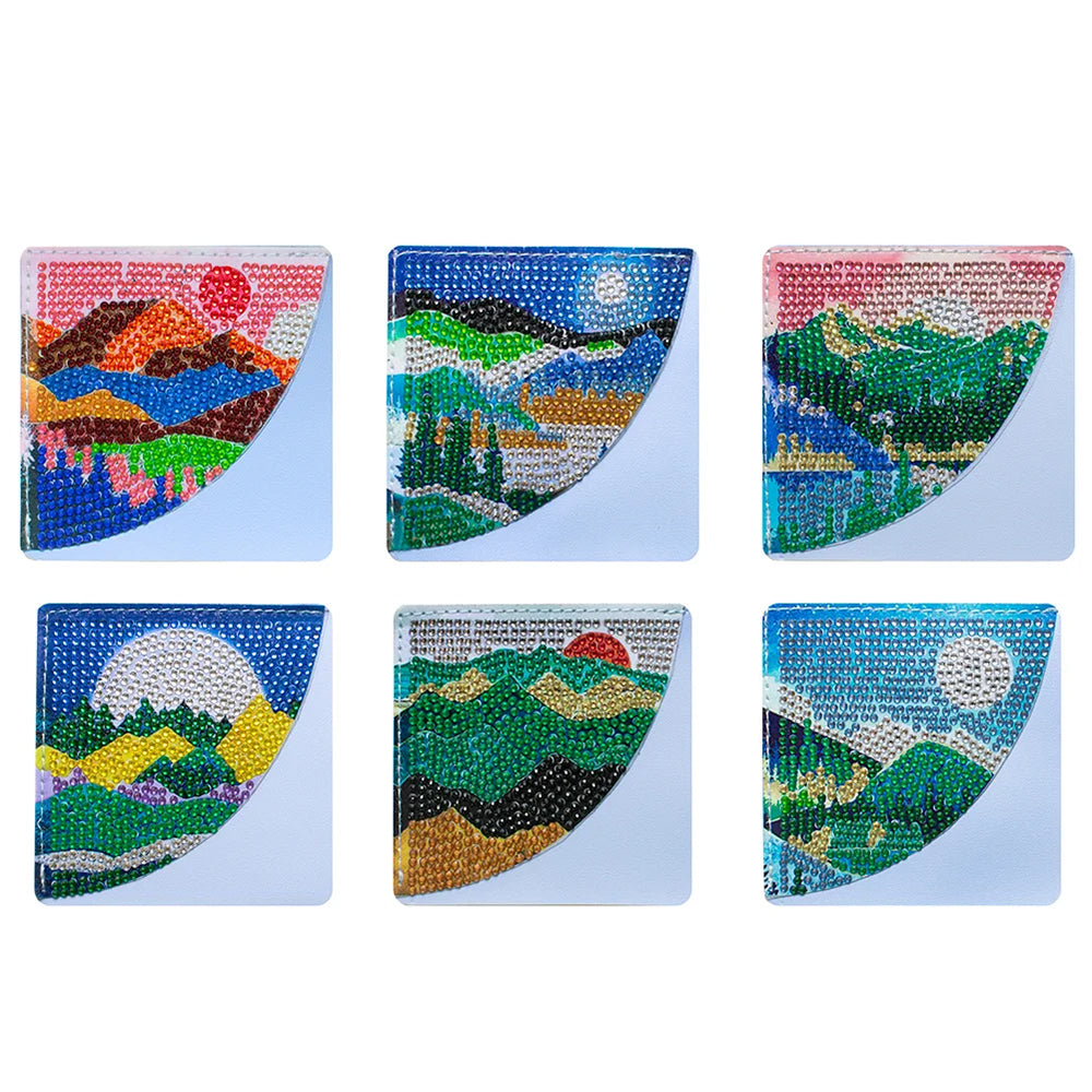 6Pcs de Marque-Pages Avec Coins Protecteurs en PU Paysage d'Été Broderie Diamant