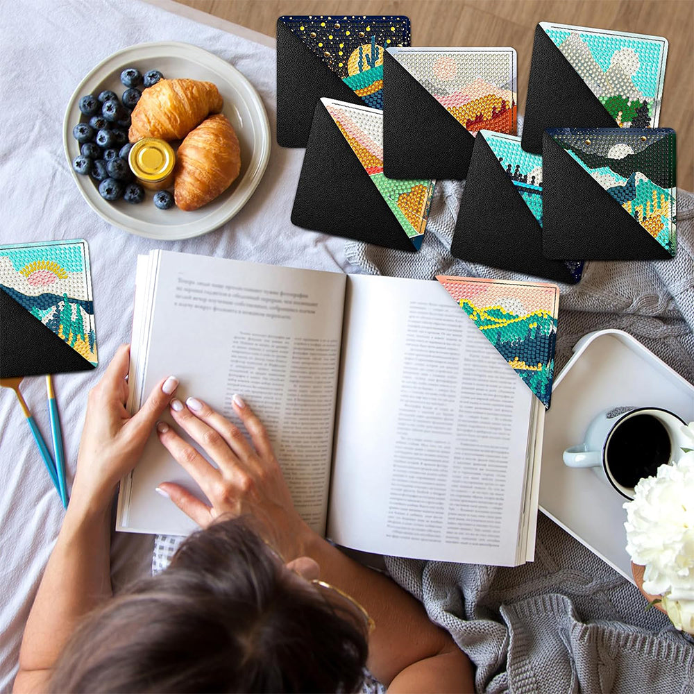 12Pcs de Marque-Pages Avec Coins Protecteurs en PU Montagne et Soleil Broderie Diamant
