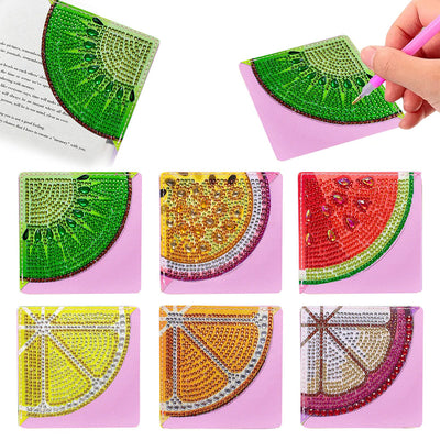 6Pcs de Marque-Pages Avec Coins Protecteurs en PU Fruits d'Été Broderie Diamant