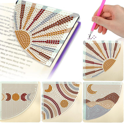 4Pcs de Marque-Pages Avec Coins Protecteurs en PU Soleil et Lune Broderie Diamant