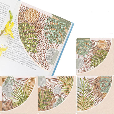 4Pcs de Marque-Pages Avec Coins Protecteurs en PU Feuilles de Plante Tropicale Broderie Diamant